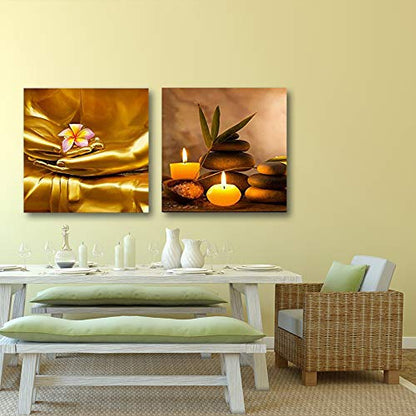 wall26 Two Piece Canvas - Copper Buddha Holding a Plumeria Along with Candles and Rocks on 2 Panels - Canvas Art Home Art - 12x12 inches - color: Copper Buddha, size: 12" x 12" x 2 panels