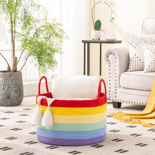 KAKAMAY Large Blanket Basket (20"x13"),Woven Baskets for storage Baby Laundry Hamper, Cotton Rope Blanket Basket for Living Room, Laundry, Nursery, Pillows, Baby Toy chest (Rainbow) - color: Rainbow