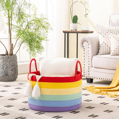 KAKAMAY Large Blanket Basket (20"x13"),Woven Baskets for storage Baby Laundry Hamper, Cotton Rope Blanket Basket for Living Room, Laundry, Nursery, Pillows, Baby Toy chest (Rainbow) - color: Rainbow