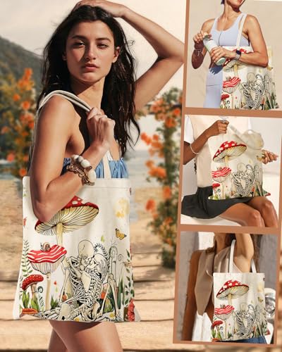 Miss Adola Aesthetic Canvas Tote Bag - Reusable Shoulder Tote Bag for Women Lady Casual Vacation, Shopping, Work, Gym - style: Mushroom Skeleton