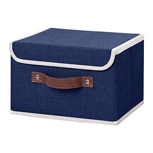 ANMINY Storage Bin with Lid Storage Boxes with PU Leather Handles PP Plastic Board Decorative Foldable Lidded Cotton Linen Fabric Home Cubes Baskets Closet Organizer Container - Blue, Small Size - color: Blue, size: Small (Pack of 1)
