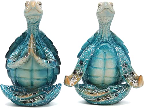2Pcs Sea Turtle Meditating Yoga Statues - Beach & Home Office/Bedroom Decor - Resin Zen Turtle Figurines for Beachy Decor