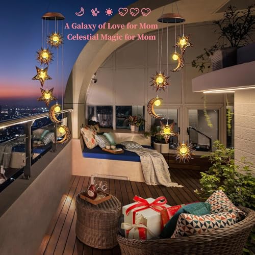 Solar Wind Chimes for Outdoor Lights Sun Moon Star for Women Mom Wife Hanging Decor Outdoor Sympathy Wind Chimes for Garden Patio Balcony Birthday Womens Gifts