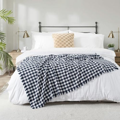 100% Cotton Throw Blanket Plaid Soft Lightweight Cozy Farmhouse Tassels Summer Thin Breathable Throws for Couch Sofa Bed (50" × 60" Navy Blue) - color: Navy Blue, size: 50"x60"
