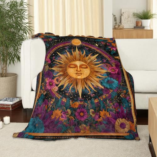 Mystical Sun Throw Blanket Soft Cozy Lightweight Flannel Blankets with Cosmic Floral Art Printed for Adults Astrology Lovers Bedroom Dorm Office Celestial Decor Gifts 50x60 Inch