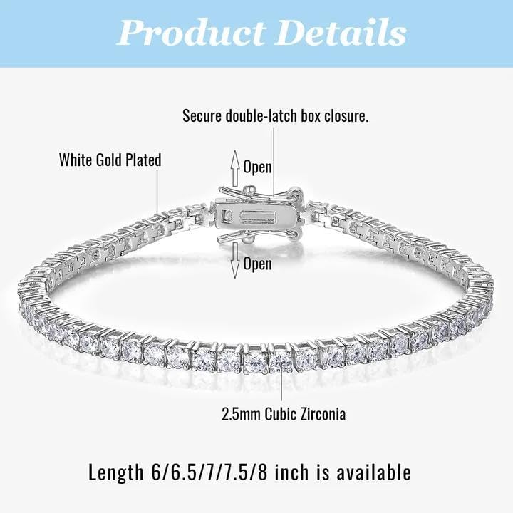 2.5mm Tennis Bracelet, 2.5mm Thin 18K White Gold Plated Cubic Zirconia Tennis Bracelet for Women - color: White Gold Plated, size: 2.5mm 8 inch