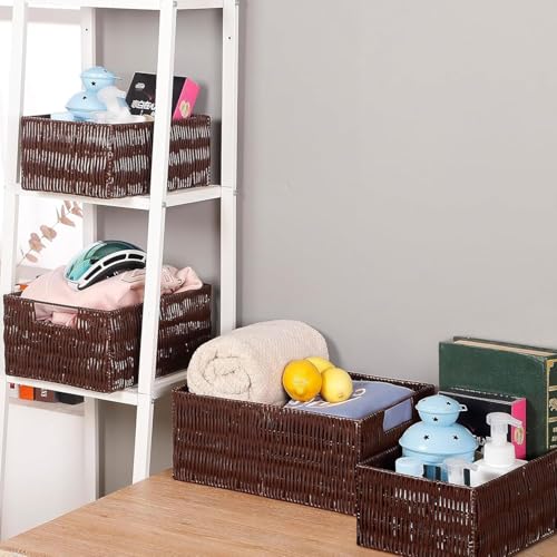 Elevon Plastic Wicker Basket Set of 4, Handmade Storage Basket for Organizing with Handles, Storage Bins for Home Kitchen Countertop, Shelf Organizer, Waterproof, Coffee