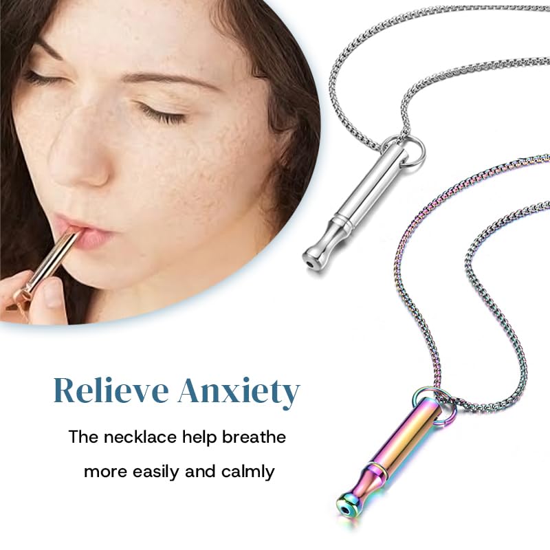 Mindfulness Breathing Necklace Stress Relief Pendant Stainless Steel Anxiety Breathe Necklace for Women Men - color: Steel+Rainbow