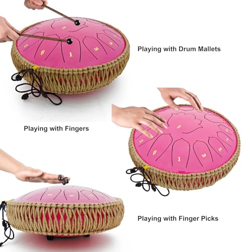 BETESINE 13-Inch 15-Note Steel Tongue Drum in C Major, Beginner-Friendly Meditation Drum with Mallets, Music Book, Finger Picks, Carry Bag & Note Stickers, Rose Pink