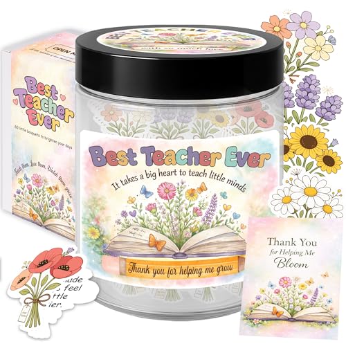Best Teacher Ever Jar – 60 Little Bouquets Affirmation Cards, Unique Teacher Appreciation Gifts for Women Men, End of Year Teachers Gifts, Teachers Appreciation Week Gift, Thank you Gift Idea - color: Best Teacher Ever