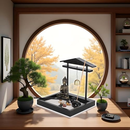 Zen Garden Desktop Sitting Buddha Ornament, Statue with Incense Holder Sand Decorative Stone Accessories for Home Office and Work Desk Collectible Figurines[1906]