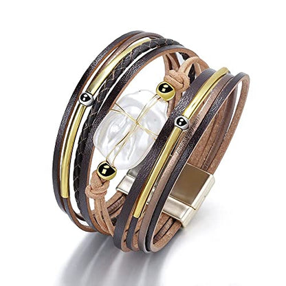 Fesciory Leather Wrap Bracelets for Women, Boho Leopard Multi-Layer Crystal Beads Cuff Bracelet Jewelry - color: Brown Leather(Pearl)