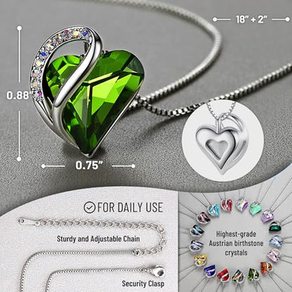 Leafael Gift Necklaces for Women, Infinity Love Birthstone Heart Crystal Pendant, Birthday Anniversary Jewelry for Wife, Mom, and Her, Silver Plated, 18" + 2" Adjustable Chain - color: 08a-August-Peridot Green