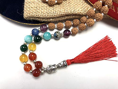 Energized 7 Chakra mala Hand Knotted 108 mala beads necklaces - Japa mala - Buddhist prayer beads - Meditation beads - Healing crystals for men women (Rudraksha 7 Chakra mala)