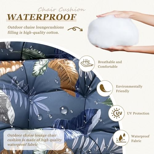 Outdoor Chaise Lounge Chair Cushion 75.1 x 23.6 x 4.7in, Waterproof Replacement Cotton Patio Thickened Pool Lounge Chair Cushion with Ties for Patio Outdoor Furniture, Tropical Night - color: Blue Leaves