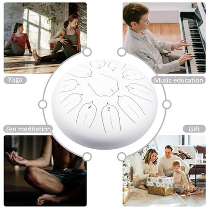 Steel Tongue Drum 12 Inch 11 Notes for Adults - Ethereal Metal Instrument for Meditation & Yoga with Music Book, Mallets & Carry Bag (White) - color: White