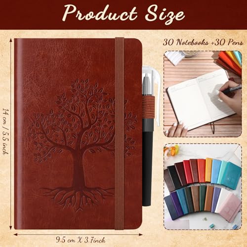 Tree Small Notebooks Pen bulk Leather Lined Pocket Subject Journals Notebooks Hardcover Pocket Cute Ruled Leather Notepad with Pen Holder for Men Women School Business, A6(Stylish Color,30 Set)