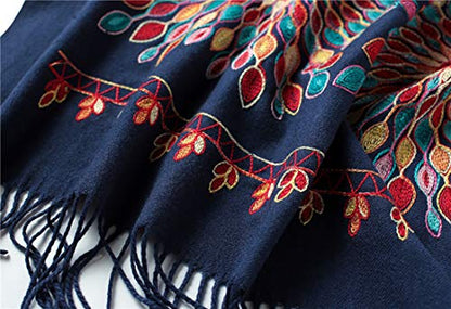 Urban CoCo Women's Embroidered Oversize Tassel Shawl Scarf Wraps for Women - color: Navy Blue