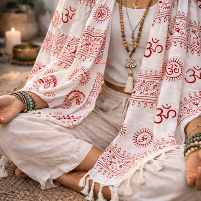 Tribe Azure Fair Trade Large Scarf Wrap Yoga Soft Cotton Mix Hand Printed Boho Bohemian Yoga Yellow White Black & Blue (White)