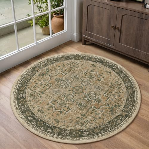 Small Round Entryway Rug 3ft Low Pile, Washable Non Slip Small 3 Foot Circle Rug for Kitchen Bathroom, Vintage Medallion 3x3 Round Carpet for Dining Room Table Bedroom Bedside, Brown/Olive - color: Medallion-brown/Olive, size: 3' (Round)