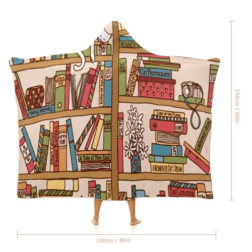 Sleeping Cat Library Bookshelf Large Size Comfortable Hooded Blanket, Warm Blanket 60"x80" - color: Sleeping Cat Library Bookshelf, size: 60"x80"