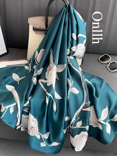 Large Shawl Scarf For Women Lightweight Wraps Silky Headscarf Long Sunscreen Scarfs - color: T3 Blue Peony / 70"x 35"