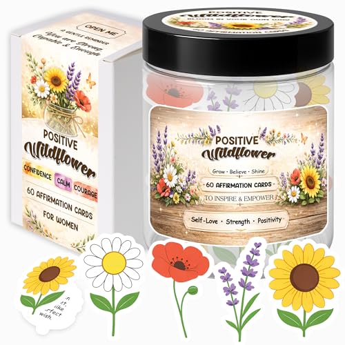 Positive Affirmations Cards for Women, Positive Wildflower Jar with 60 Daily Cards – Sunflower Daisy Lavender Poppy, Encouragement Gift for Mom Sister Friend, Birthday Stress Relief Desk Decor Gifts
