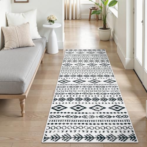 Lahome Boho Moroccan Washable Runner Rug, Ultra-Thin 2x6 Rug Runners for Hallways Non Slip Rubber Backing, Farmhouse Geometric Print Indoor Carpet Runners 6ft for Kitchen Laundry Room Varena - color: White/Black, size: 2' x 6'