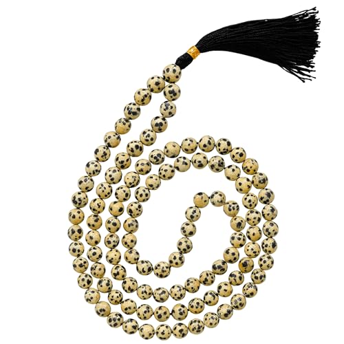 Amazing Gemstone Japa Mala 108 Prayer Beads Necklace and Wrist Mala Bracelet for Meditation - color: Dalmatian Jasper, size: Without Knots