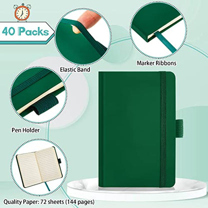 40 Pieces Small Notebooks A6 Pocket Journals 3.5 x 5.5 Inch Small Leather Notebook Mini Ruled Lined Journal with Elastic Band Pen Holder Page Marker Ribbons (Green) - color: Green