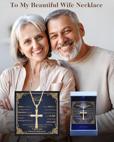 1CT Moissanite Cross Necklace for Women Wife, 18K Gold Filled or Sterling Silver Cross Pendant Chain Jewelry,Anniversary Birthday Gifts for Women Wife Her with LED Light-Up Gift Box and Gift Card - style: Gold-To My Beautiful Wife Card
