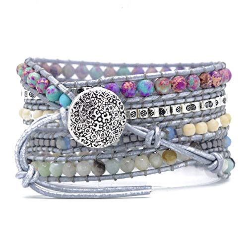 Boho Wrap Bracelet for Women, Handmade Natural Imperial Jasper Multi-Layer Stone Beaded Bracelet, Bohemian Healing Crystal Stone Jewelry Gifts - color: Turquoises