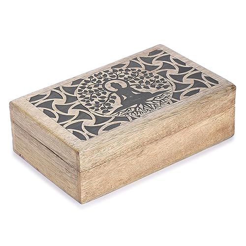 Ajuny Handmade Wooden Keepsake Box Buddha Tree Desgin Memory Box Vintage Decorative Jewelry Storage Treasure Chest Gift Idea for Men & Women (8x5 Inch) - style: Buddha Tree Black