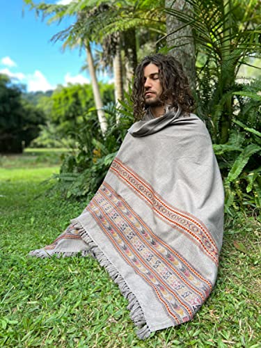 Handmade SAMADHI Meditation Prayer Shawl Rhino Grey Blanket Cosy Cashmere Yak Wool Tibetan Lahsa Winter Tribal Celtic Embroidery Boho Zen AJJAYA