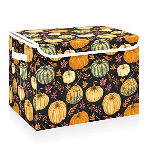 CaTaKu Pumpkins Fall Leaves Storage Bins with Lids and Handles, Fabric Large Storage Container Cube Basket with Lid Decorative Storage Boxes for Organizing Clothes - color: Pumpkins Yellow