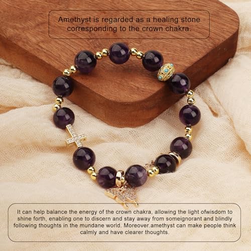 Natural Bead Bracelet 10mm Healing Crystal Bracelet for Women & Men Feng Shui Good Luck Meditation Buddhist Jewelry Handmade Stone Beaded Jewelry for Gift - color: Amethyst
