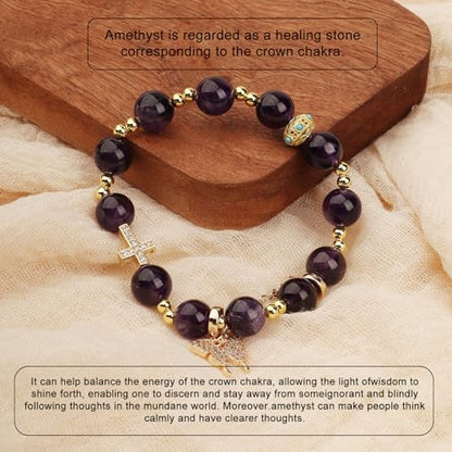 Natural Bead Bracelet 10mm Healing Crystal Bracelet for Women & Men Feng Shui Good Luck Meditation Buddhist Jewelry Handmade Stone Beaded Jewelry for Gift - color: Amethyst