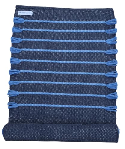 Jaipur Art & Rugs Cotton Yoga Rug - Eco-Friendly Hand-Woven Thick Mat (24”x72”x5mm) for Everyday Fitness at Home - Comfortable & Extra-Long - color: Navy-Sky Blue