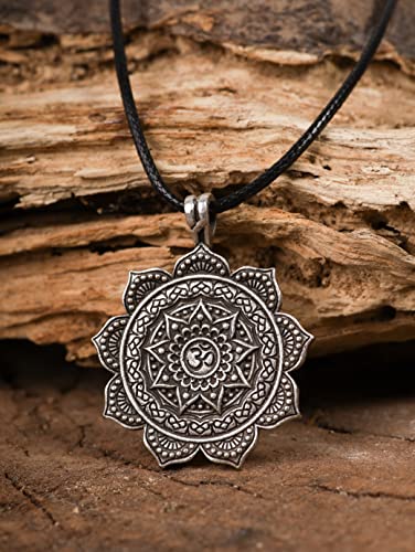 HAQUIL Mandala Flower of Life Necklace, Buddhist Lotus Flower Om Mandala Pendant, Faux Leather Cord - color: S02