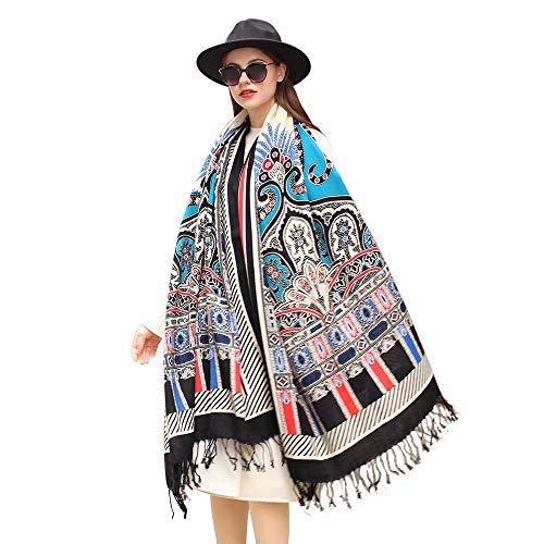 100% Merino Wool Pashmina Shawl for Women 96"x43", Oversized Cashmere Wrap with Tassels, Floral Travel Blanket Cape - color: Black Red Palace Mosaic