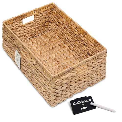 KOKODO 15”L x 11”W Large Rectangular Water Hyacinth Wicker Storage Basket with Handles, Metal Frame and Chalkboard Label, Handwoven Bin for Space-Saving Room Organization - color: Natural, size: Large 15"Lx11"W