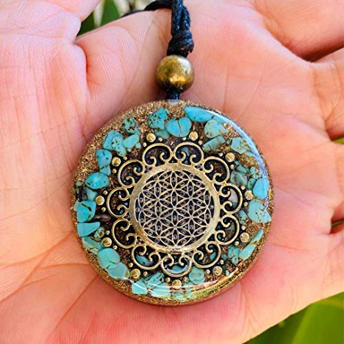 Orgone Necklace, Protection, Symbol Flower of Life, Sacred Geometry, Stone Turquoise, Gems Rose Quartz- SBB Coil, Reiki, Yoga, Healing Crystals, Orgonite Pendant Handmade, Arte Orgones
