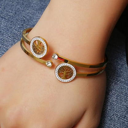 Gold Bangle for Women - 18K Gold Plated Stainless Steel Love Friendship Crystal Bracelets with Cubic Zirconia - color: A-TREE GOLD