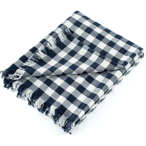 100% Cotton Throw Blanket Plaid Soft Lightweight Cozy Farmhouse Tassels Summer Thin Breathable Throws for Couch Sofa Bed (50" × 60" Navy Blue) - color: Navy Blue, size: 50"x60"