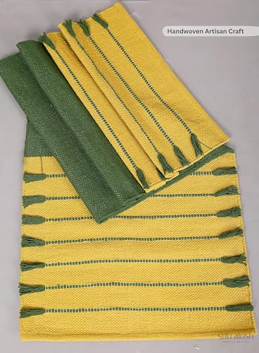 Handwoven Cotton Yoga Mat 24x72 Inch, Non-Slip Natural Yoga Rug, Soft Breathable Exercise Mat for Yoga, Pilates, Meditation & Home Workout, Green Yellow
