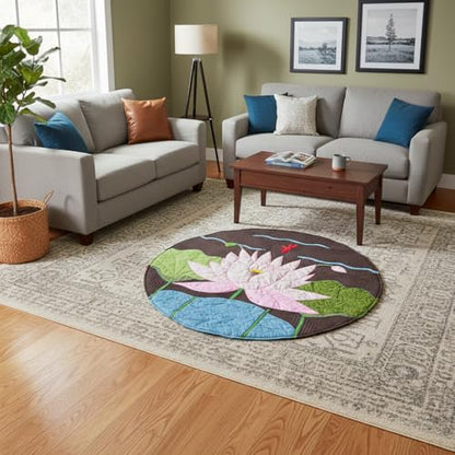Handmade Lotus Applique Meditation Rug, Round Quilted Floor Mat, 43.3 Inch Cotton Patchwork Decor Rug for Yoga, Zen Space & Living Room
