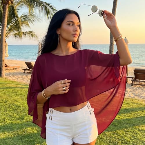 Women Chiffon Cape Shawls and Warps for Evening Dress Wedding Sheer Mesh Flowy Capelets Top - color: A-burgundy, size: X-Large