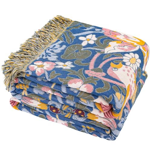 Boho Cotton Muslin Twin Size Bed Throws,100% Cotton Rustic 4 Layer Reversible Bid and Floral Woven Washable Breathable Decor Quilt 60"×80" for Couch Sofa All Seasons,Blue &Yellow - color: Bird&florals, size: 60''x80''