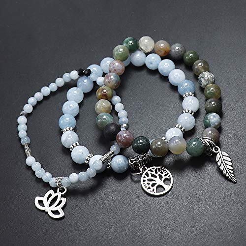 Tree of Life Yoga Healing Stone Bracelets,Multilayer Lotus Chakra Stone Reiki Bracelet Sets,Anxiety Crystal Natural Stone,for Women Stress Relief - style: Aquamarine + Indian Agate