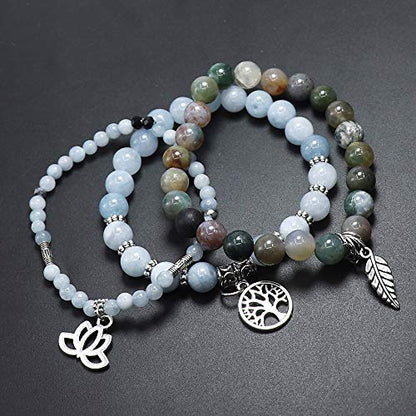 Tree of Life Yoga Healing Stone Bracelets,Multilayer Lotus Chakra Stone Reiki Bracelet Sets,Anxiety Crystal Natural Stone,for Women Stress Relief - style: Aquamarine + Indian Agate